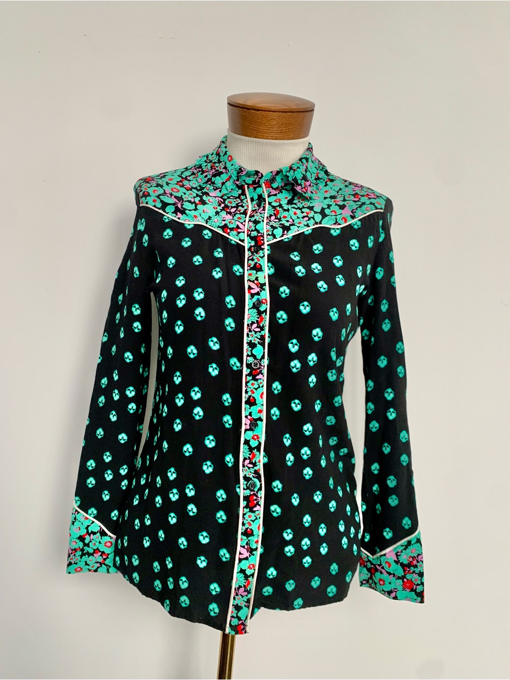 Maje Black Blouse With Mint And Pink Floral Accents